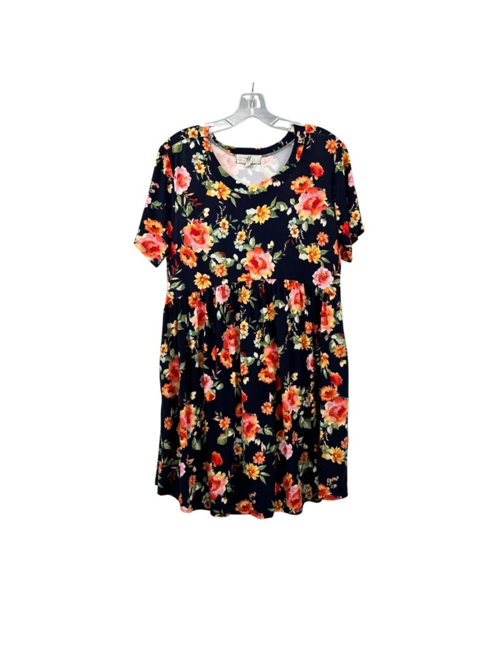 H Womens Floral Babydoll Dress Navy/Multi Short Sleeve Size Medium Pockets